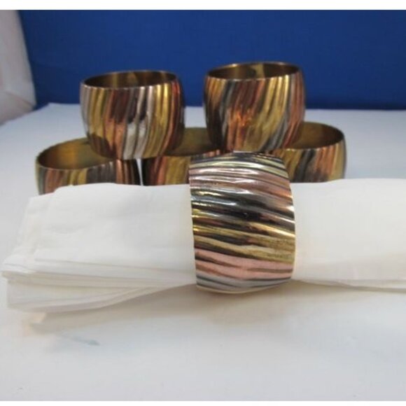 Vintage Brass Copper Silver Ribbed Napkin Ring Holders Set of 6 - Picture 1 of 13